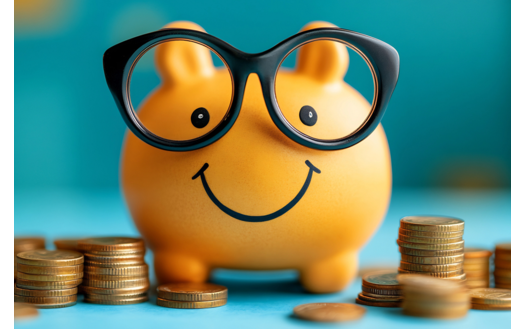 Piggy Bank With Black Glasses and Coins Around The Piggy Bank